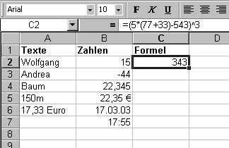 eine Excel-Beispieltabelle mit Texten, Zahlenwerten und einer Formel