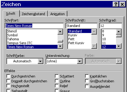 Word-Dialogfenster "Zeichenformatierung"